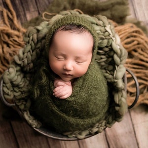 5 Pc Set Hunter Green Knit Fuzzy Bonnet Sleepy Cap Wrap Bow Tieback Thick Thin Merino Wool Layering Blanket Twin Newborn Photography Prop