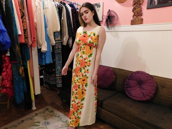 Vintage Barkcloth Dress/ Floral MuuMuu/ Size M/ Ha