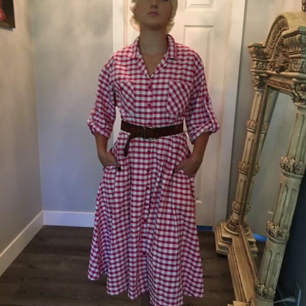 Vintage SeerSucker Rockabilly Dress/ size 12/14 / 1950s / House dress
