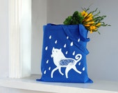 Blue Tote Bag "Cat in the Rain" -Screen Printed Canvas - Long Handled - Illustrated Tote Bag -Cotton Bag - Shopping Bag