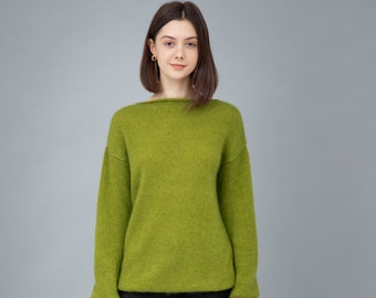 Damen Strickpullover, MohairPullover, Weihnachtspullover, Oversized, Strickpullover, Gestrickter Pullover, Grün, Einheitsgröße