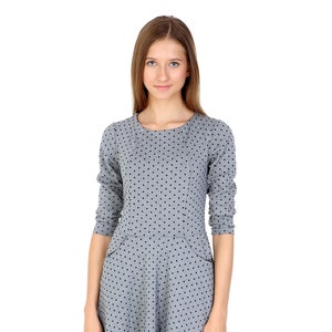 Skater Dress, Women Dress, Office Dress, Formal Dress, Midi Dot Dress, Grey Dress, Crew Neck Dress, Fit Flare