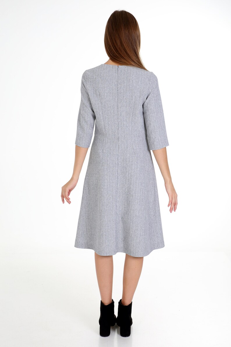 A Line Dress,Office Dress,Formal Dress,Grey Dress,Light Grey,Steel,Pleated Neck,Crew Neck,Midi Dress