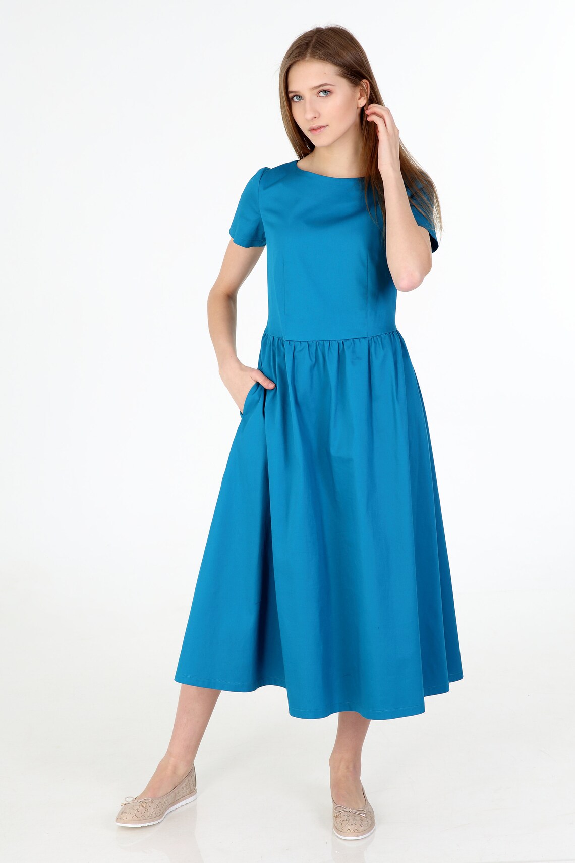 Summer Dress, Midi Dress, Cotton Dress, Drop Waist Dress, Pleated Dress