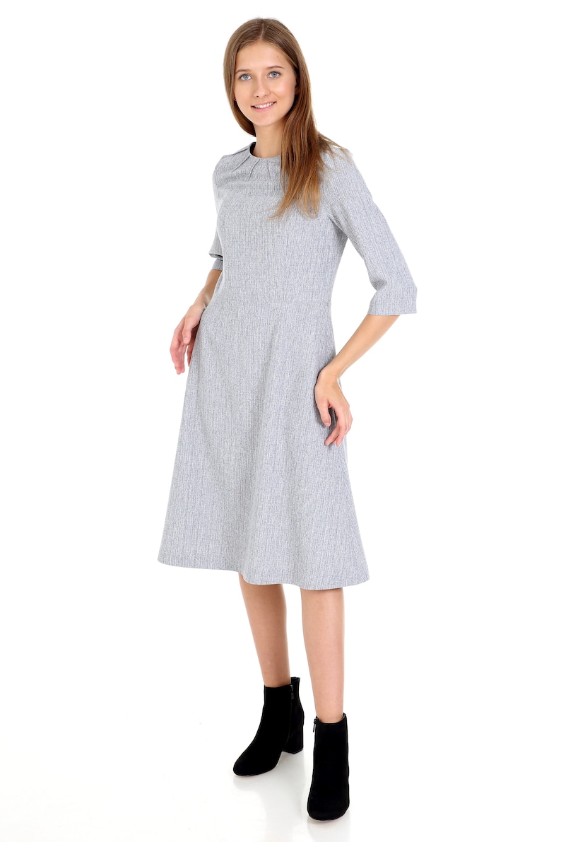 A Line Dress,Office Dress,Formal Dress,Grey Dress,Light Grey,Steel,Pleated Neck,Crew Neck,Midi Dress
