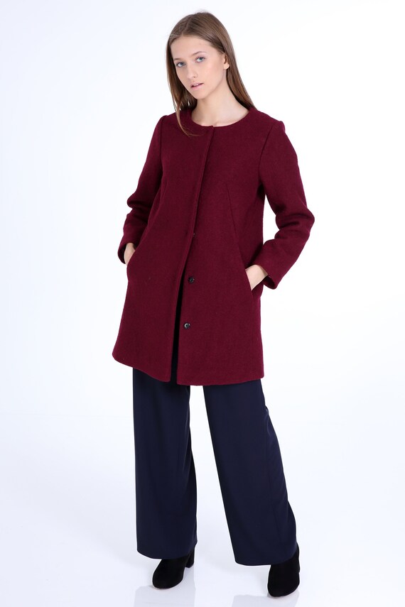 Collarless wool cheap coat womens