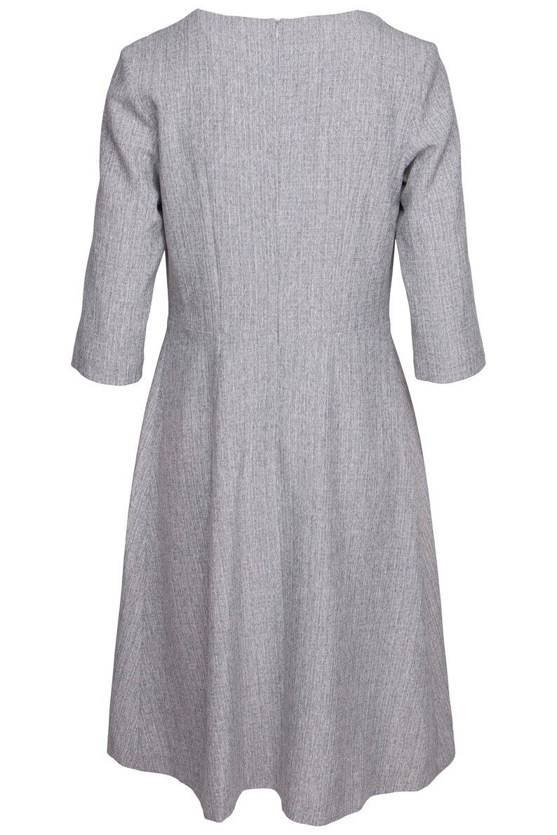 A Line Dress,Office Dress,Formal Dress,Grey Dress,Light Grey,Steel,Pleated Neck,Crew Neck,Midi Dress
