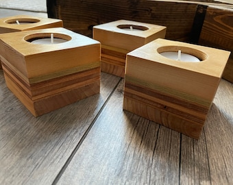 Set of 2 Hand-Made Wood Tea Light Holders