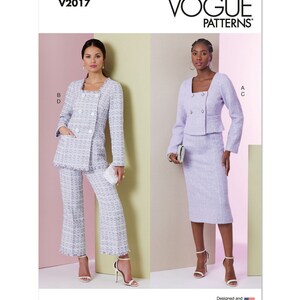 May include: Vogue Patterns sewing pattern for a double-breasted jacket and skirt or pants. The pattern is for sizes 6-14. The jacket has a square neckline and a double-breasted closure. The skirt is a pencil skirt and the pants are wide-leg. The pattern is printed in the USA.