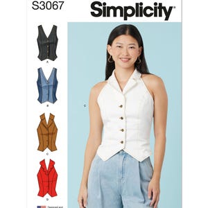 May include: Simplicity pattern S3067 features a woman wearing a white halter top with gold buttons. The pattern includes vest designs in black, denim, brown, and red. The text "Simplicity" is displayed at the top.