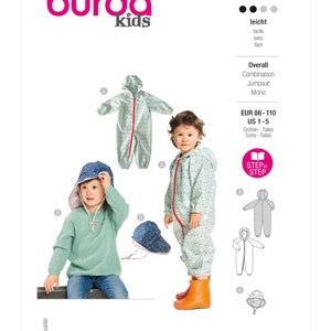 May include: A Burda Kids pattern sheet featuring a jumpsuit and sun hat. The jumpsuit is light green with red polka dots and a red zipper. The sun hat is blue with a floral pattern. The text "burda kids" is in pink.