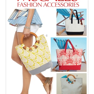 May include: McCall's Fashion Accessories pattern featuring four tote bags. One bag is yellow with a white floral pattern, gray bottom, and wooden handles. Other bags are white with a black bottom, red with a floral pattern, and blue striped with a brown bottom.