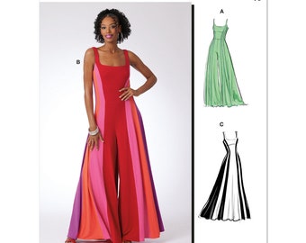 May include: McCall's M8512 sewing pattern featuring a color-blocked jumpsuit in red, pink, orange, and purple. The pattern also includes line drawings of two additional jumpsuit designs. The text "Designed and printed in USA" is visible.