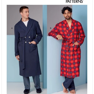 May include: Vogue Patterns V1855 sewing pattern for a robe. The pattern shows two different styles of robes, one in a solid navy blue and the other in a red and blue plaid.
