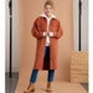 K&ouml;nnte beinhalten: Eine lange, rostfarbene Cordjacke mit Sherpa-gef&uuml;ttertem Kragen und Taschen. Die Jacke ist offen und hat eine lockere Passform.