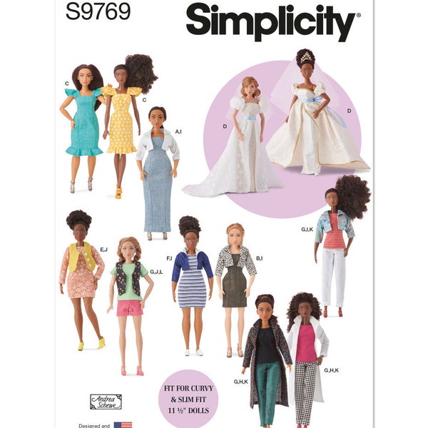 Simplicity Sewing Pattern S9769 11 1/2" Fashion Clothes for Regular and Curvy Size Dolls by Andrea Schewe Designs