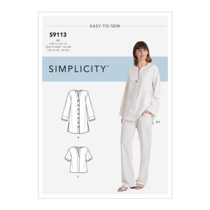 May include: A sewing pattern for a loose-fitting, long-sleeved shirt and pants. The pattern is called Simplicity S9113 and is for sizes US 6-14, Euro 32-40, and French 34-42.