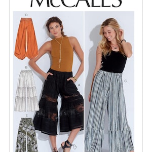 May include: McCall's sewing pattern M7576 featuring various styles of palazzo pants. The pattern includes options for wide-leg pants in orange, white, black lace, striped, and patterned fabrics. The image shows the pants on models.