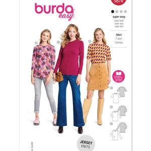 May include: A sewing pattern for a shirt with three different variations. The pattern is from Burda Easy and is labeled "super easy". The pattern includes instructions for a shirt, t-shirt, and camisa.