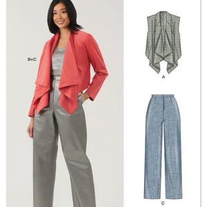 May include: A woman wearing a coral-colored jacket, a silver top, and gray pants. The image also shows illustrations of a draped vest and wide-leg pants. The text "NEW LOOK" and "N6817" are visible.