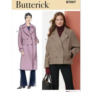 May include: A sewing pattern for two different coats. The pattern is for a long, double-breasted coat with a pink color and a shorter, double-breasted coat with a plaid pattern. The pattern is from Butterick and the pattern number is B7007.