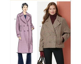 May include: A sewing pattern for two different coats. The pattern is for a long, double-breasted coat with a pink color and a shorter, double-breasted coat with a plaid pattern. The pattern is from Butterick and the pattern number is B7007.