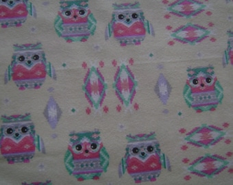 Owls Mint and Pink Print Flannel Fabric Sold by the yard