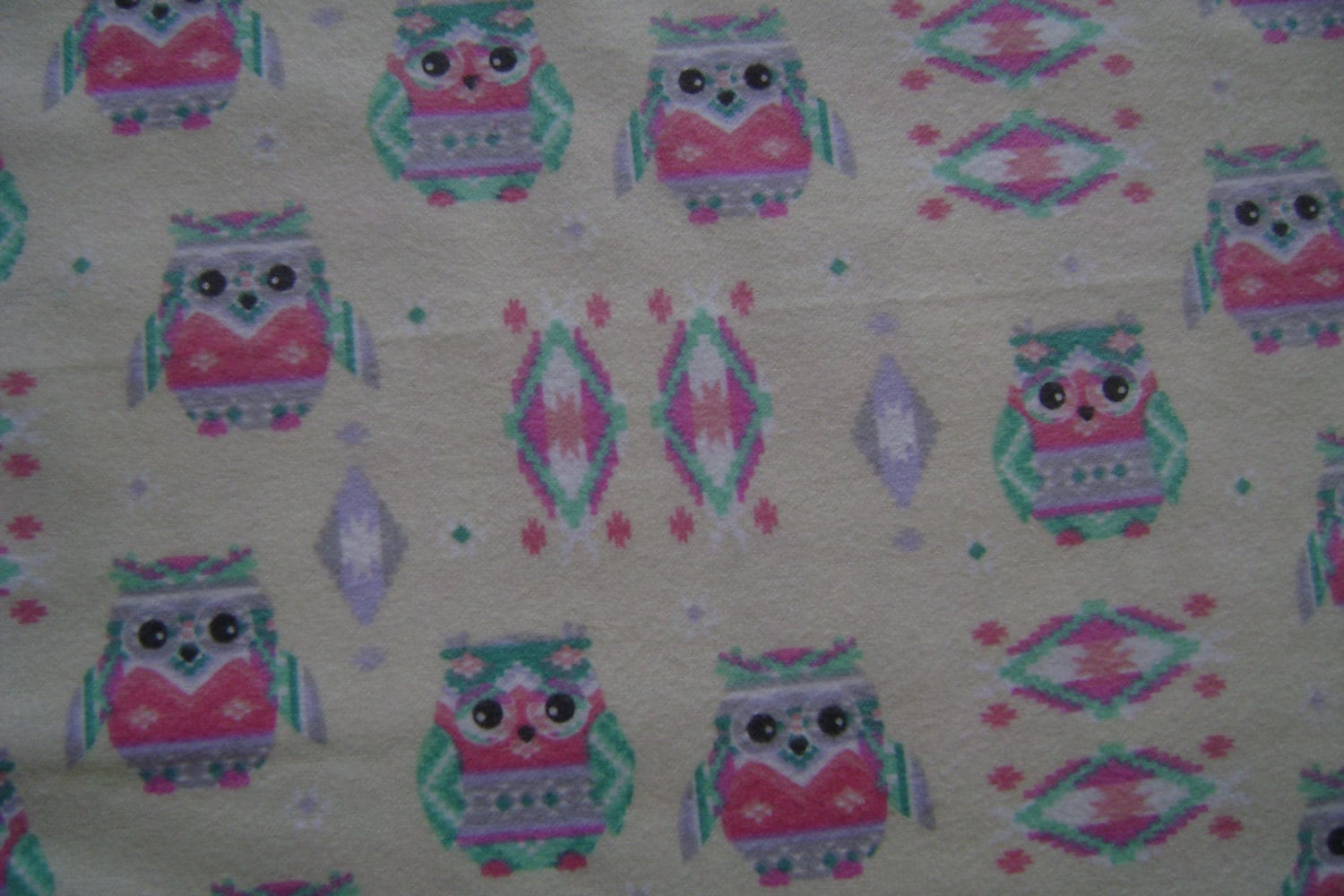 Owls Mint and Pink Print Flannel Fabric Sold by the yard