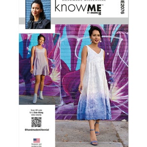 May include: A sewing pattern for a sleeveless dress with a V-neckline and a gradient design. The dress is shown in a white and blue color scheme. The pattern is called "knowME" by mimig and has the number ME2076.