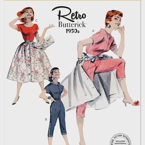 May include: Butterick Retro 1950s sewing pattern featuring illustrations of women in vintage clothing. The pattern includes a red top and floral skirt, a red and white checkered outfit, and a navy blue jumpsuit. The pattern is authentic and includes additional sizes.