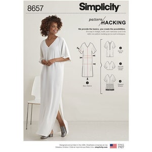 May include: A woman wearing a white V-neck maxi dress with short sleeves and a side slit. The image is a Simplicity pattern advertisement, with the number 8657 and the words "pattern hacking" visible. The pattern includes design options.
