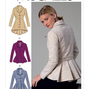 May include: A sewing pattern for a women's jacket with a peplum hem. The pattern includes four different views: a beige jacket, a pink jacket, a blue jacket, and a white jacket with a floral pattern. The pattern number is M7513.