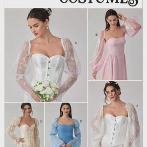 May include: Simplicity S3300 Costumes sewing pattern envelope featuring five variations of corset tops with sheer, long, puffed sleeves. The designs include white, pink, cream, and blue bodices with various sleeve textures and floral patterns.
