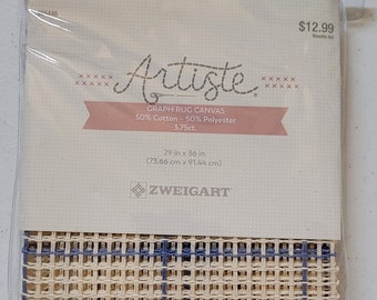 May include: A packaged Artiste graph rug canvas, 29 x 36 inches, made of 50% cotton and 50% polyester. The canvas has a grid pattern with blue lines and is labeled as 3.75ct. The packaging includes the text "Needle Art".