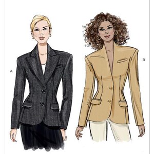 May include: Vogue Patterns sewing pattern featuring two blazer designs. One blazer is dark gray with a two-button closure, and the other is tan with a similar design. The Vogue Patterns logo is at the top. The text "Designed and printed in the USA" is at the bottom.
