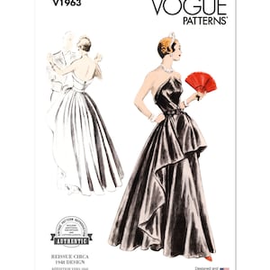 May include: Vintage Vogue sewing pattern for a black strapless gown with a fitted bodice and a full skirt. The pattern is a reissue of a 1948 design. The pattern number is V1963.