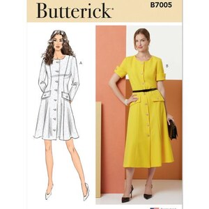 May include: A sewing pattern for a dress with a button-up front and a skirt that falls to the knee. The pattern includes two variations: one with long sleeves and one with short sleeves. The pattern is designed and printed in the USA. The pattern number is B7005.