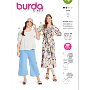 May include: A Burda Style sewing pattern cover featuring two women modeling clothing. One wears a white top and blue pants, the other a floral dress. The pattern number is 5741, with size information in EUR and US sizes.