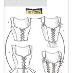 May include: A sewing pattern for a corset top with four different variations. The pattern is from Butterick and is labeled B4669. The pattern includes a lace-up front, a ruffled bottom, and a variety of neckline options.