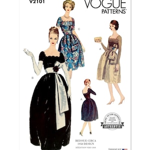 May include: Vintage Vogue sewing pattern for a dress, featuring three different styles. The pattern is for a reissue of a 1958 design. The pattern number is V2101.