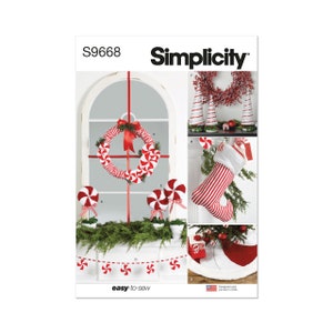 May include: A Simplicity sewing pattern for making Christmas decorations. The pattern includes instructions for making a candy cane wreath, candy cane stocking, candy cane tree toppers, and a candy cane garland. The pattern is easy to sew and includes a variety of sizes.