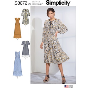 May include: Simplicity sewing pattern #S8872 D5 for a dress with four different variations. The dress is shown in a floral print, a brown solid, a blue and white gingham, and a light blue with white trim. The pattern includes sizes US 4-12, Talla Euro 30-38, Taille Fr 32-40.