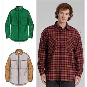 May include: Simplicity pattern S3207 featuring shirt designs. One shirt is green, another is a plaid pattern in red, orange, and black. The third shirt has a striped body with tan sleeves. The pattern is designed and printed in the USA.