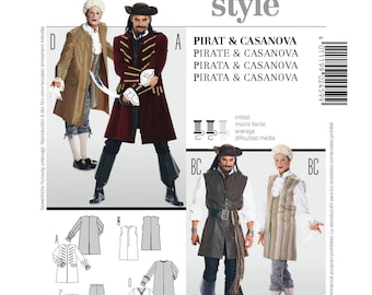 May include: Burda Style sewing pattern 2459 for pirate and Casanova costumes. The envelope displays four variations of historical-style coats, vests, and breeches, with technical line drawings, sizing charts, and photographs of finished garments.