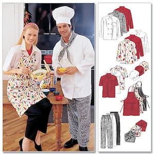 May include: A woman and a man wearing chef uniforms. The woman is wearing a white chef jacket, a red and white checkered apron, and a black headband. The man is wearing a white chef jacket, a white chef hat, a black and white checkered scarf, and black and white checkered pants. The woman is holding a bowl of food and a spoon. The man is holding a bowl of food. The background is a kitchen.
