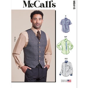 May include: A sewing pattern for a vest and three different shirts. The pattern is from McCall's and the pattern number is M8415. The vest is gray and has a button closure. The shirts are all long-sleeved and have different patterns.
