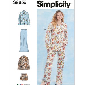 May include: Simplicity sewing pattern number S9856 for a shirt and pants set. The pattern includes three views: a floral print shirt and pants, a solid blue shirt and pants, and a leopard print shirt and skirt.