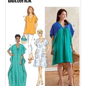 May include: A sewing pattern for four different styles of tunics. The pattern is called B6683 Butterick. The tunics are shown in various colors and patterns, including yellow, white, blue, and green.