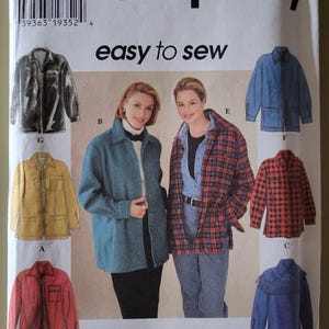 May include: A Simplicity sewing pattern envelope, number 7315, for an easy-to-sew jacket. The white paper packaging displays illustrations of various jacket styles in solid colors and plaid patterns, labeled with letters A through H, and size range XS, S, M.