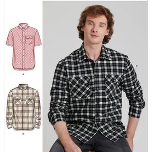 May include: Simplicity sewing pattern S3206 featuring shirt designs. The image shows a man wearing a black and white plaid shirt. Two additional shirt designs are shown: a short-sleeved red patterned shirt and a long-sleeved plaid shirt.